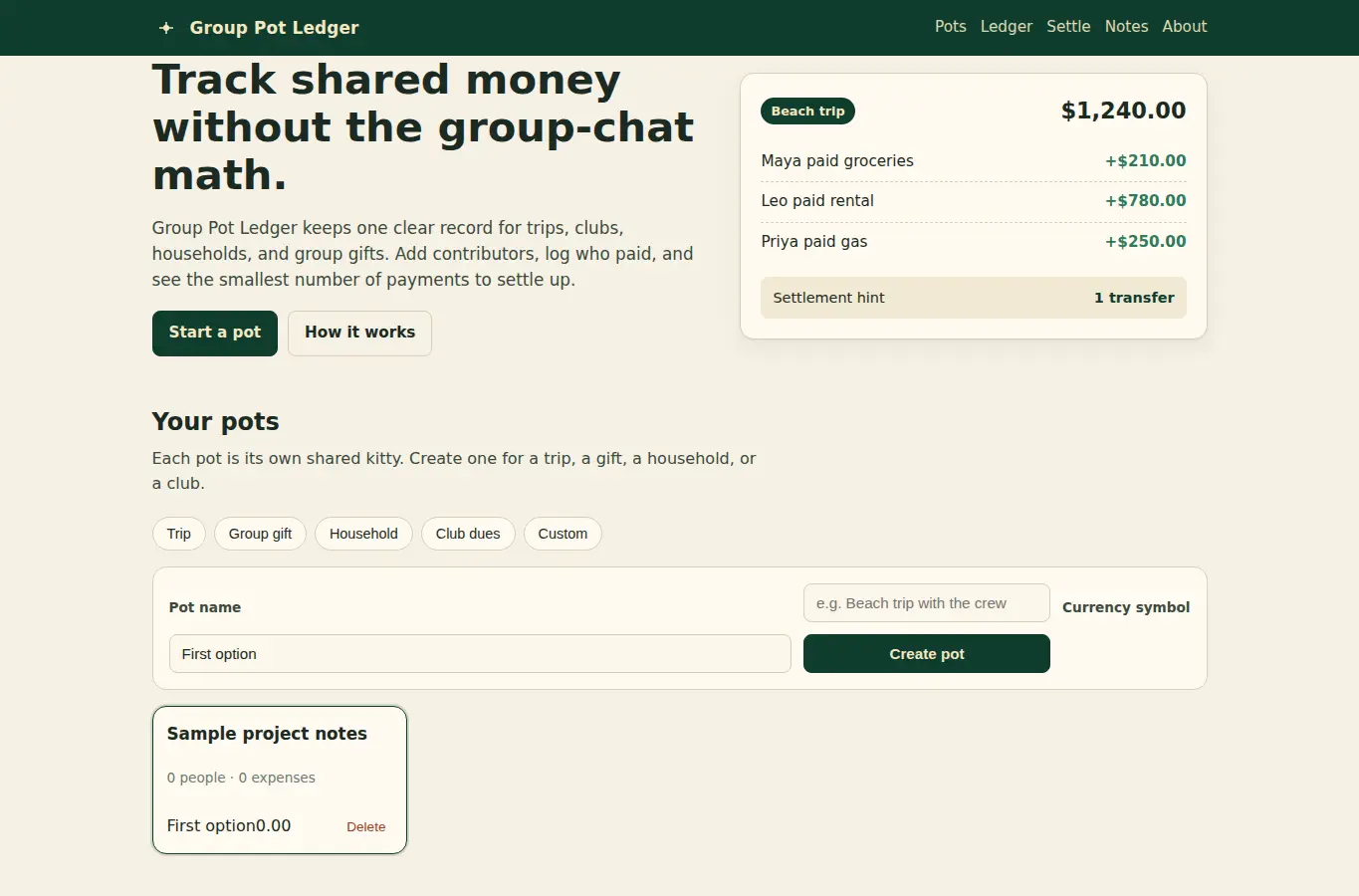 Screenshot of Group Pot Ledger interface showing the project page in use